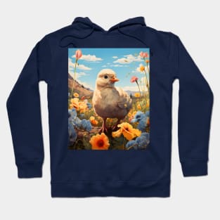 Retro Vintage Art Style Baby Chick in Field of Wild Flowers - Whimsical Farm Hoodie